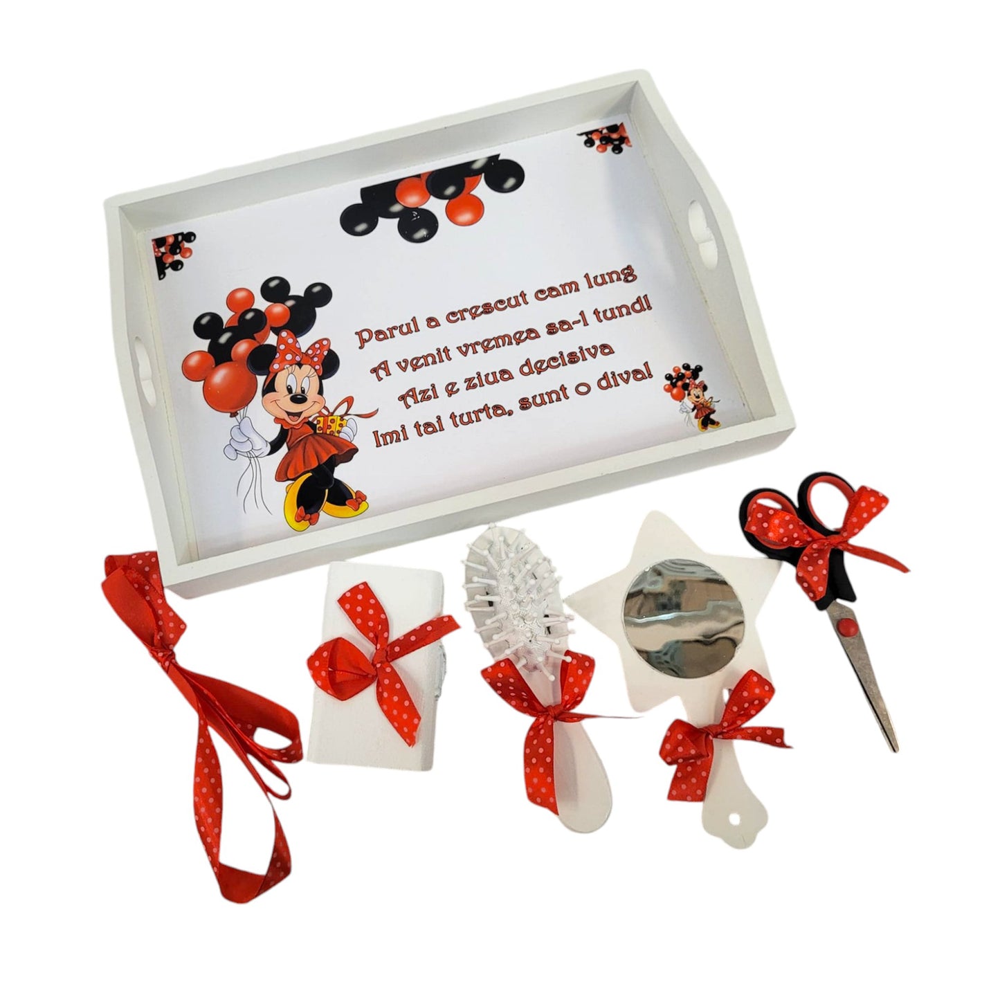 Set tava pentru taiere mot la fete, model Minnie, tava alba, 6 piese, 35x20 cm - Kids Magazin