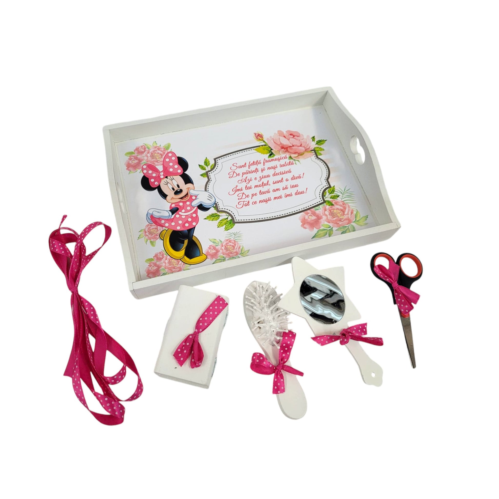 Set tava pentru taiere mot la fete, model Minnie, tava alba cu accesorii fuchsia, 6 piese, 35x20 cm - Kids Magazin