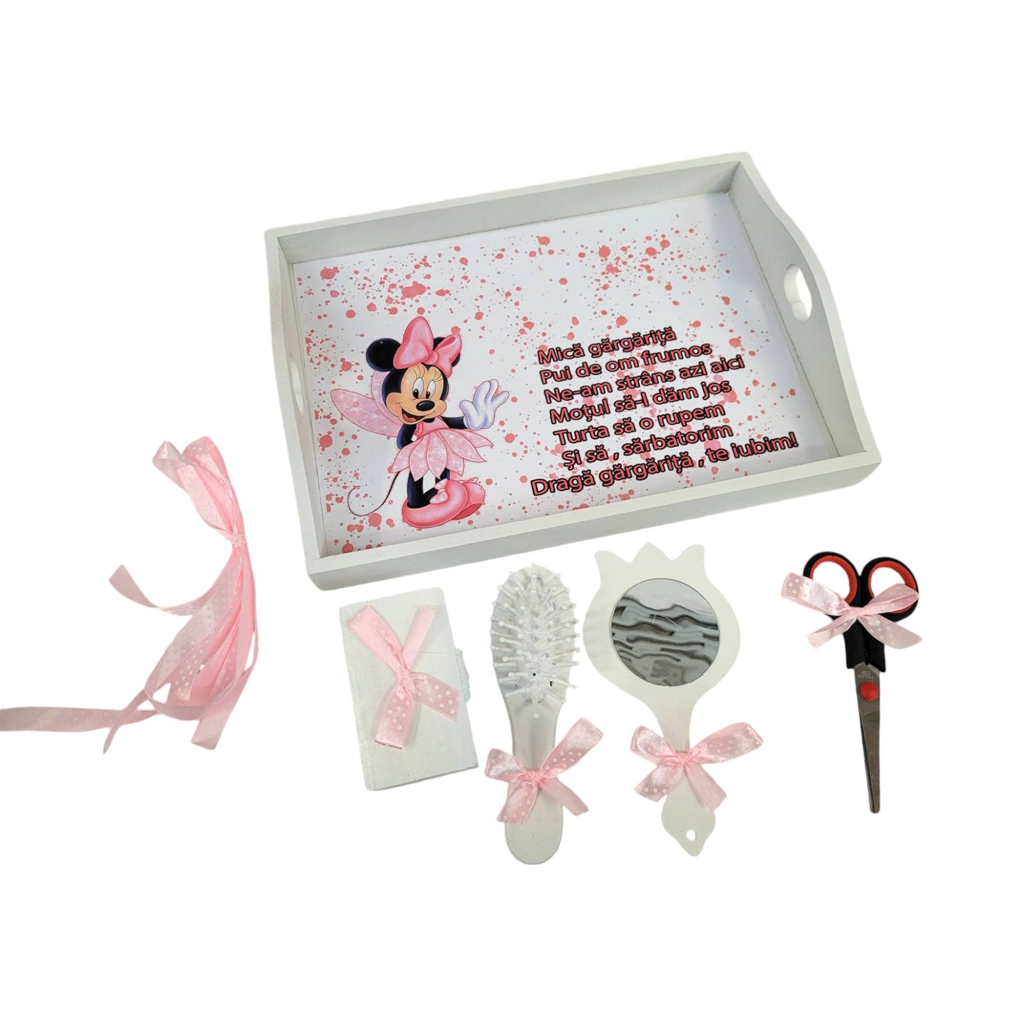 Set tava pentru taiere mot la fete, model Minnie, tava alba cu accesorii roz, 6 piese, 35x20 cm - Kids Magazin