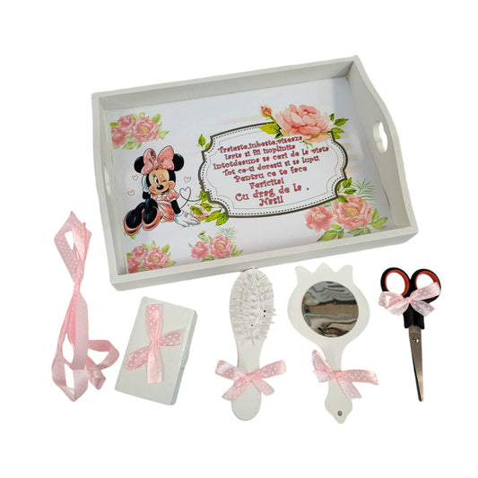 Set tava pentru taiere mot la fete, model Minnie, tava alba cu accesorii roz, 6 piese, 35x20 cm - Kids Magazin