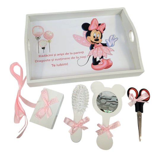 Set tava pentru taiere mot la fete, model Minnie, tava alba cu accesorii roz, 6 piese, 35x20 cm - Kids Magazin