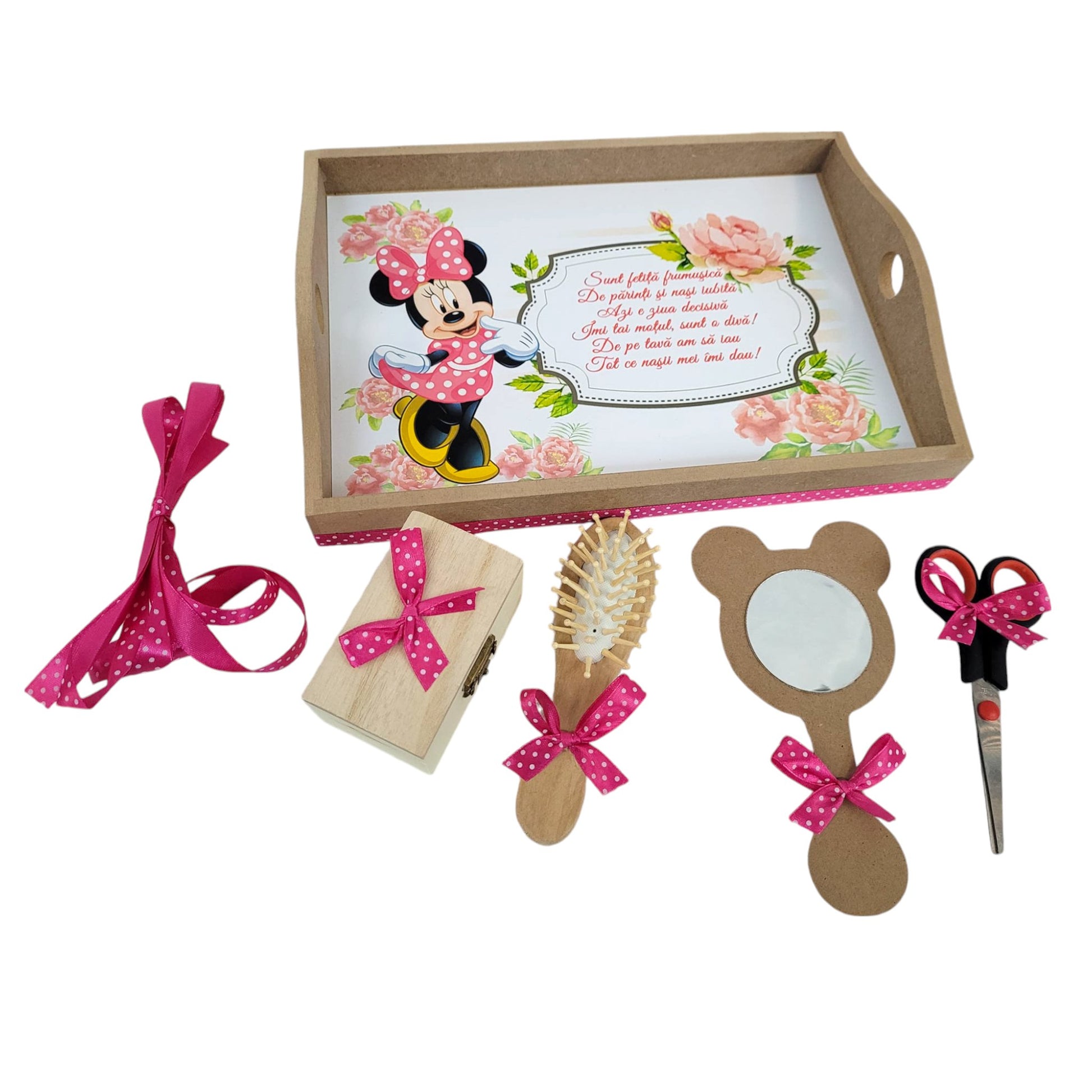 Set tava pentru taiere mot la fete, model Minnie, tava natur cu accesorii fuchsia, 6 piese, 35x20 cm - Kids Magazin