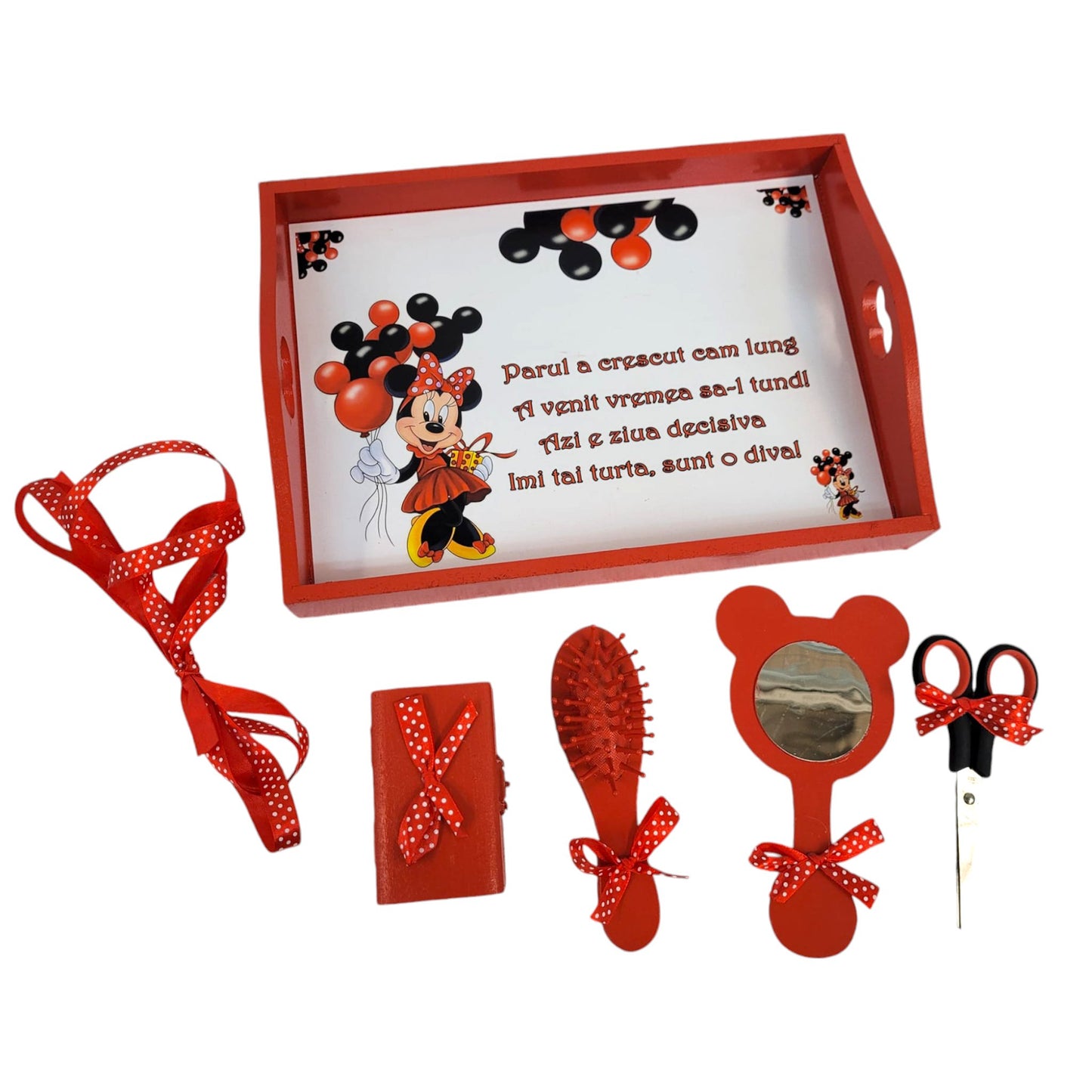 Set tava pentru taiere mot la fete, model Minnie, tava rosie, 6 piese, 35x20 cm - Kids Magazin