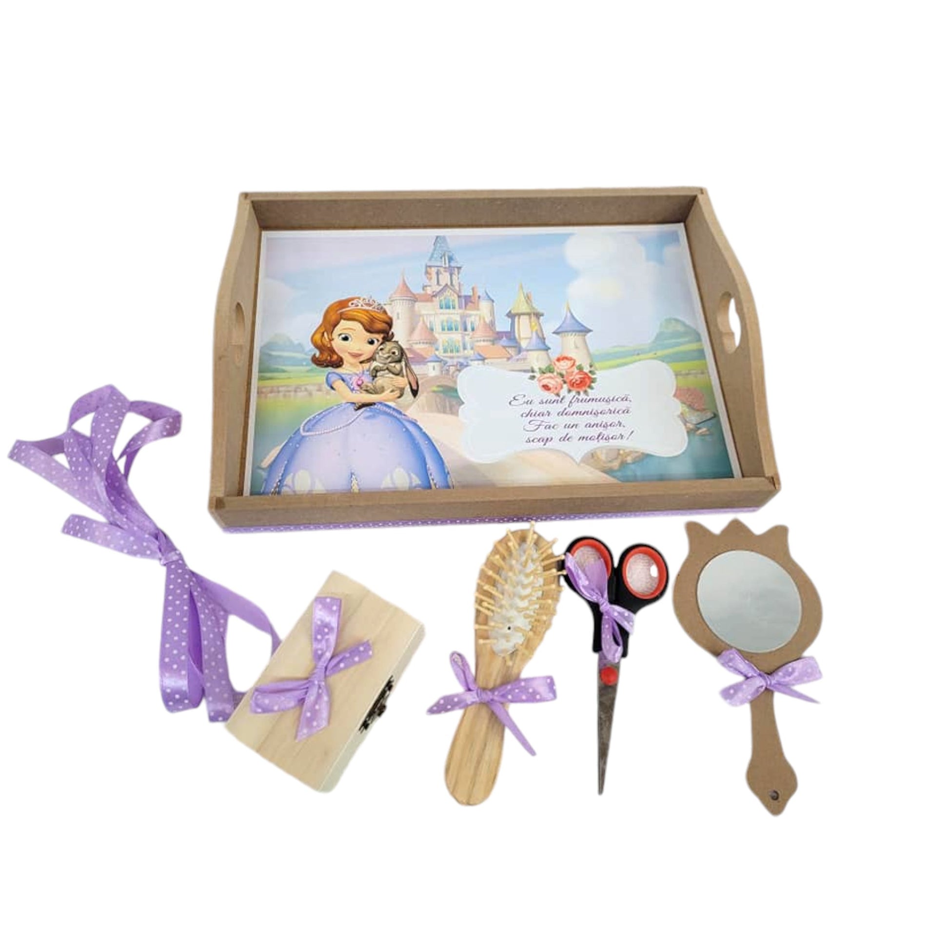 Set tava pentru taiere mot la fete, model Prințesa Sofia, mov, 6 piese, 35x20 cm - Kids Magazin