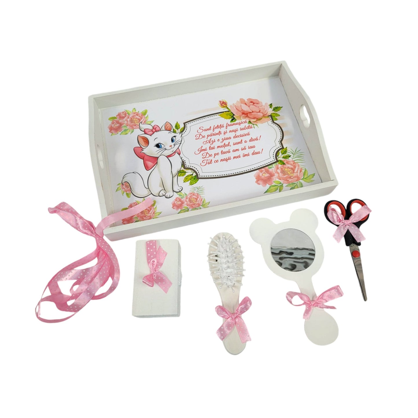 Set tava pentru taiere mot la fete, Pisicuta, tava alba cu accesorii roz, 6 piese, 35x20 cm - Kids Magazin