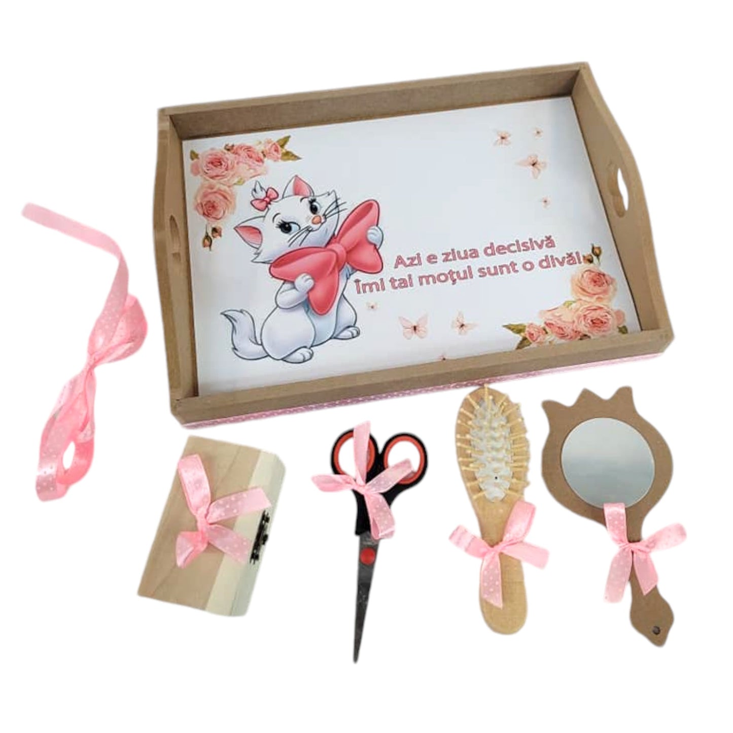 Set tava pentru taiere mot la fete, Pisicuta, tava natur cu accesorii roz, 6 piese, 35x20 cm - Kids Magazin