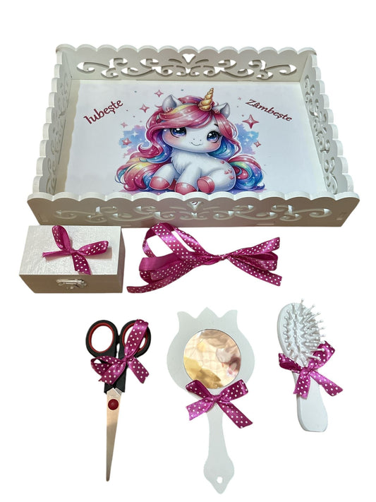 Set tava pentru taiere mot , model Unicorn, roz, 6 piese - Kids Magazin