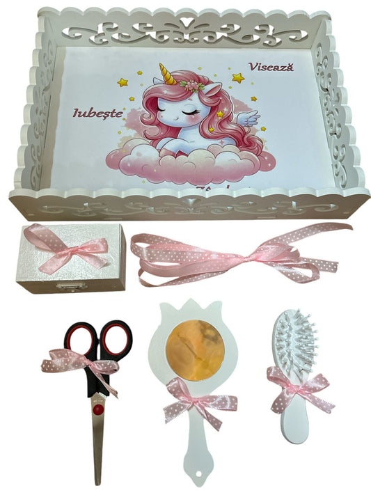 Set tava pentru taiere mot , model Unicorn, roz, 6 piese - Kids Magazin