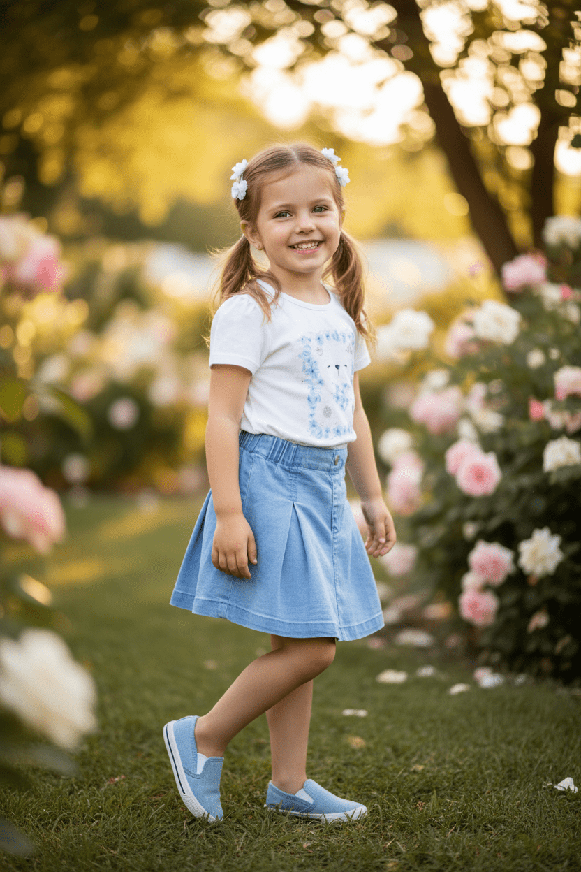 Set tricou alb și fustă de blugi - Kids Magazin