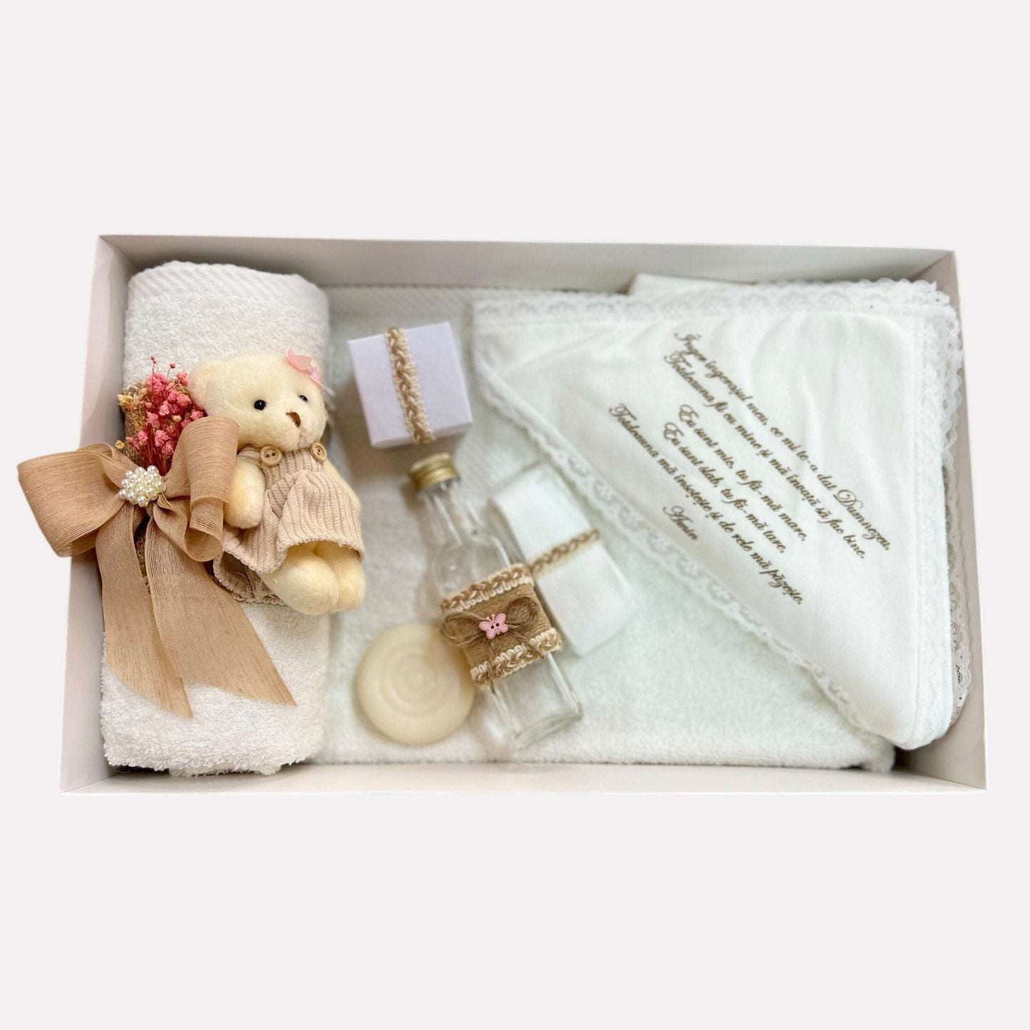 Set trusou și lumânare artizanală cu decor natural – ursuleț și flori de câmp - Kids Magazin