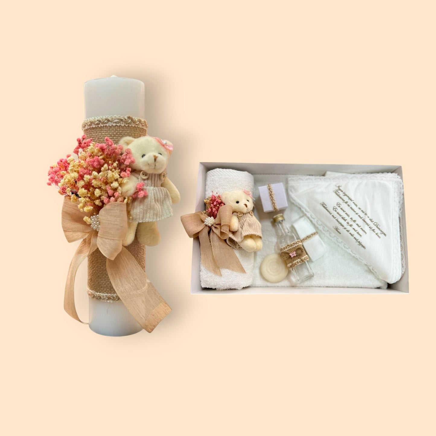 Set trusou și lumânare artizanală cu decor natural – ursuleț și flori de câmp - Kids Magazin