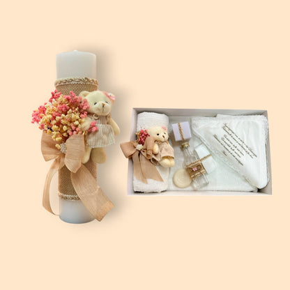 Set trusou și lumânare artizanală cu decor natural – ursuleț și flori de câmp - Kids Magazin
