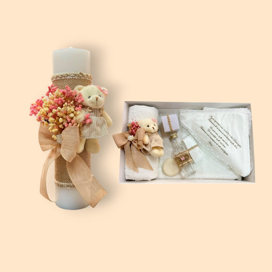 Set trusou și lumânare artizanală cu decor natural – ursuleț și flori de câmp - Kids Magazin