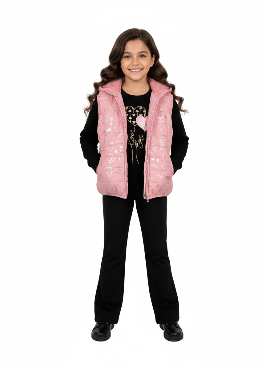 Trening negru cu vestă roz îmblănită - Kids Magazin