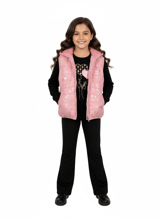 Trening negru cu vestă roz îmblănită - Kids Magazin