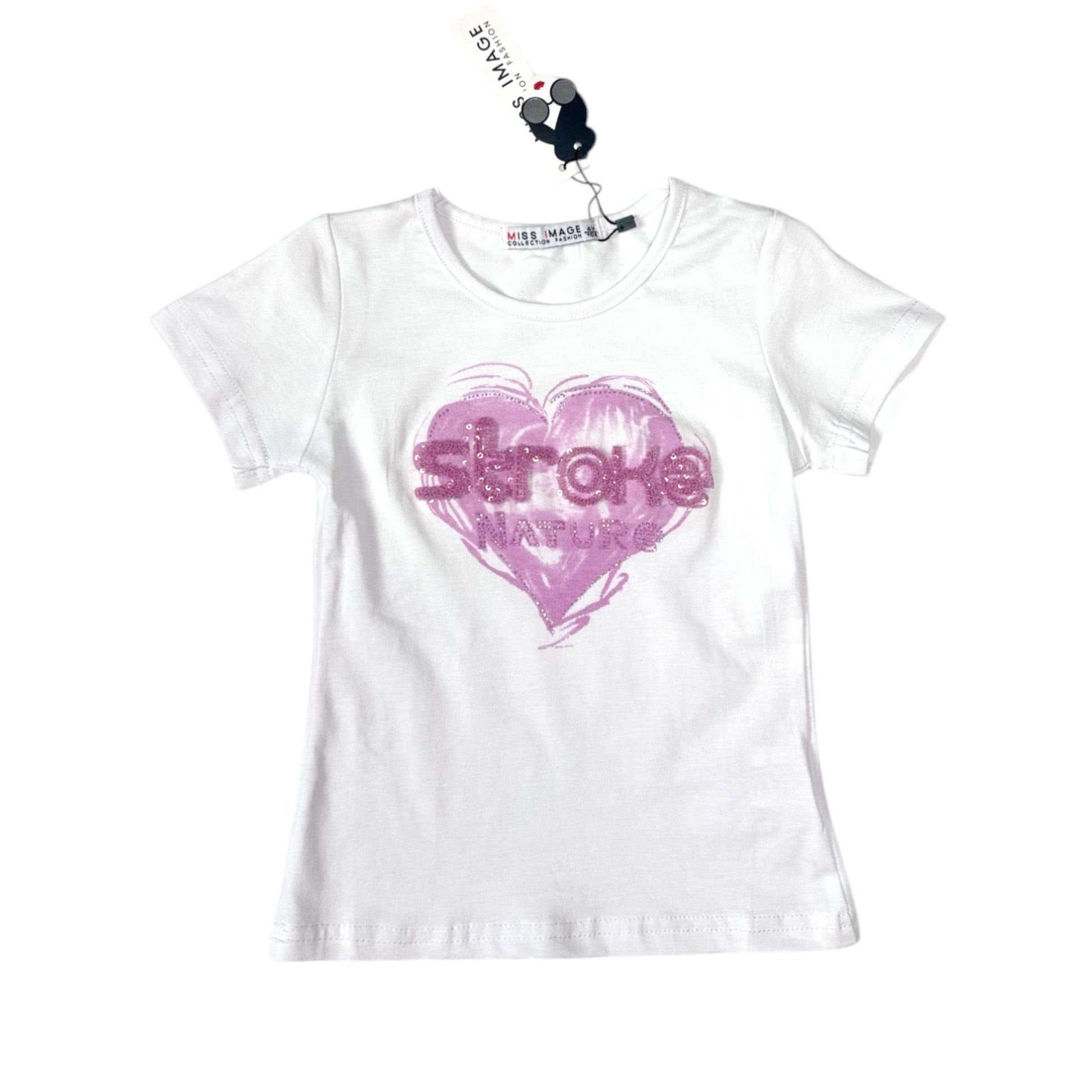 Tricou alb cu inimioara roz - Kids Magazin