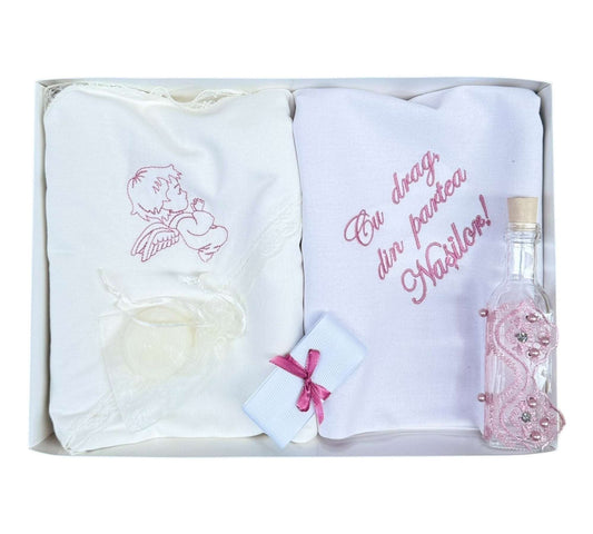 Trusou alb - roz pudra pentru botez, "Cu drag din partea nasilor",6 piese - Kids Magazin