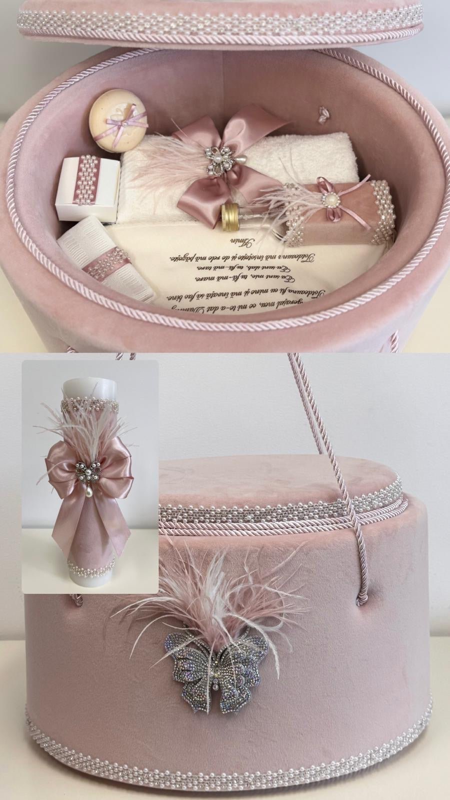 Trusou botez Eva în cufăr de catifea Roz - Kids Magazin
