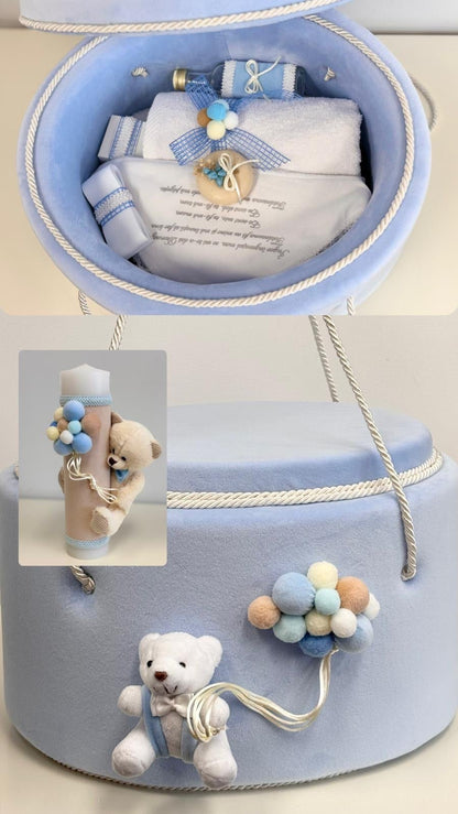 Trusou botez Ursuleț în cufăr de catifea Bleu - Kids Magazin