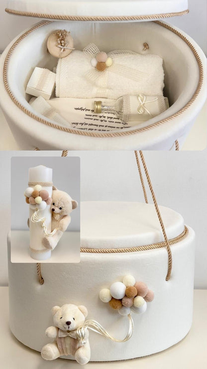Trusou botez Ursuleț în cufăr de catifea Ivory - Kids Magazin