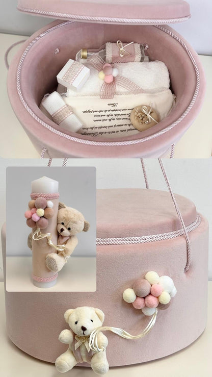 Trusou botez Ursuleț în cufăr de catifea Roz - Kids Magazin