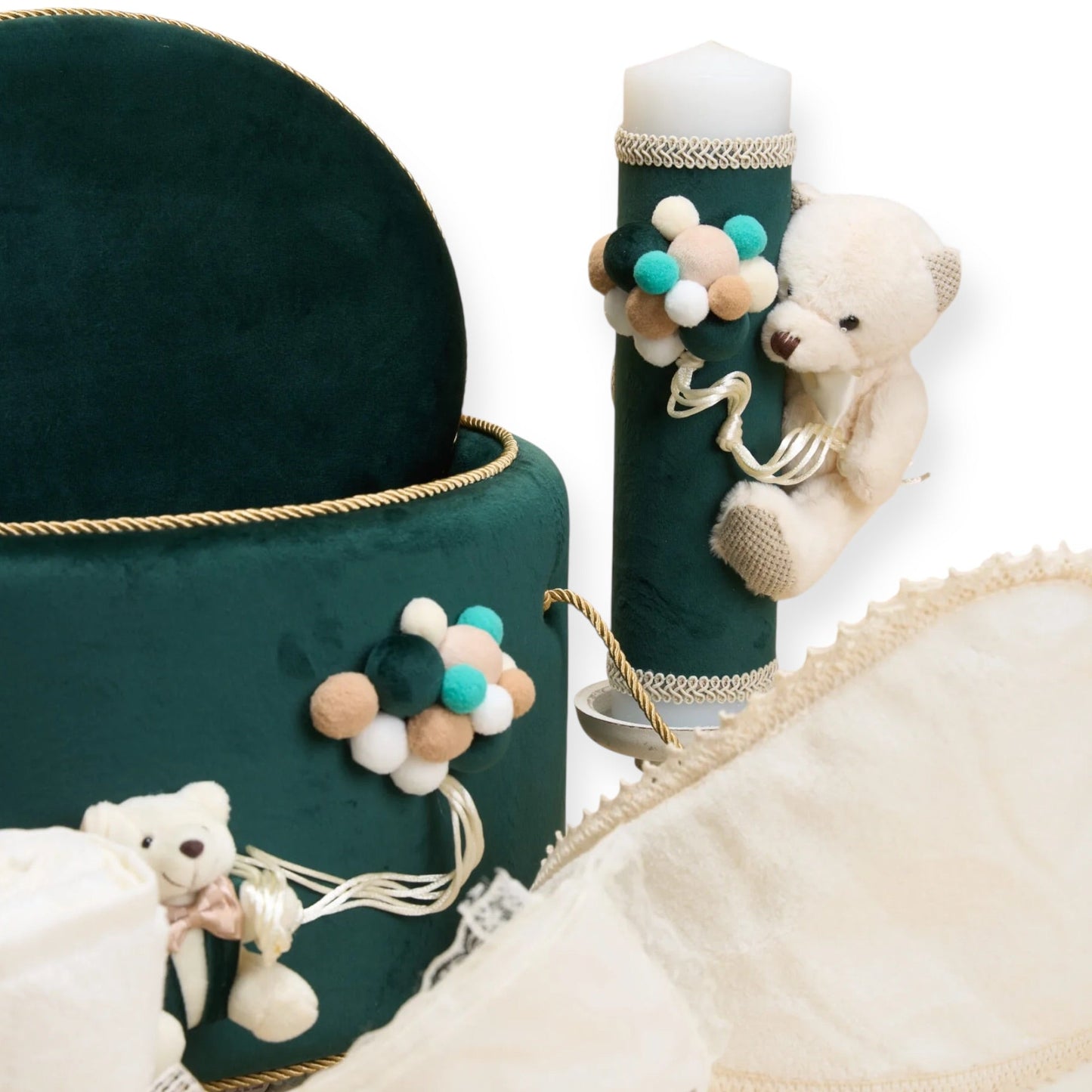 Trusou cu Ursuleț în cufăr de catifea verde - Kids Magazin